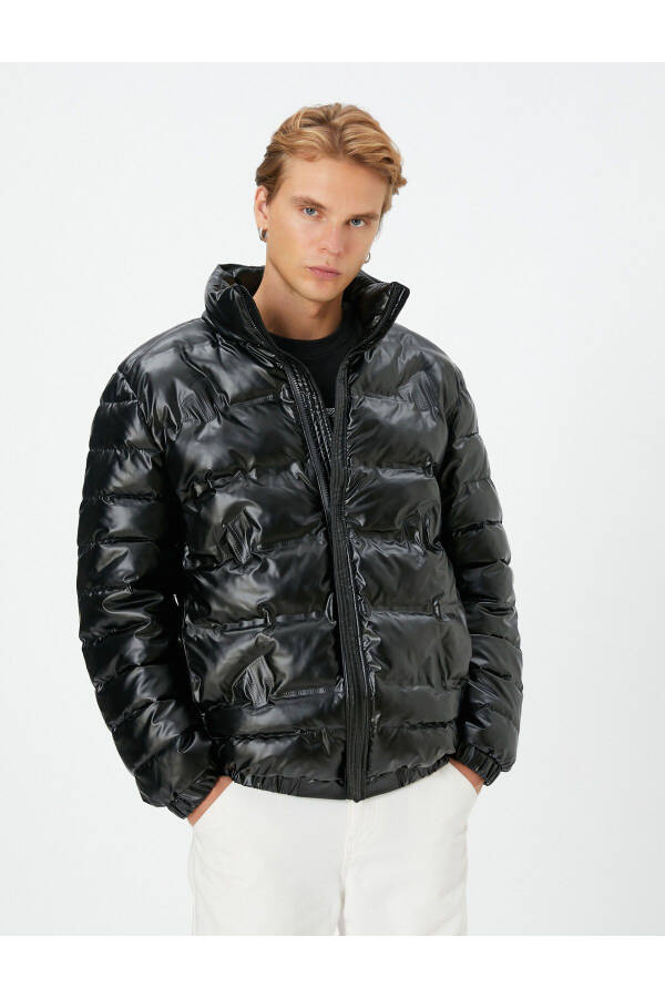 Puffer Jacket Leather Look Zip Up Stand Collar - 3