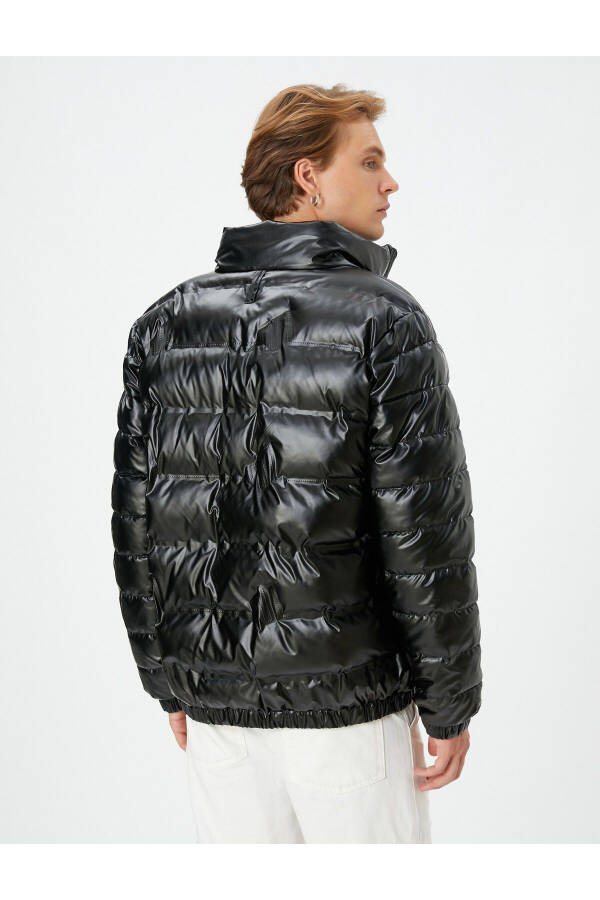 Puffer Jacket Leather Look Zip Up Stand Collar - 4