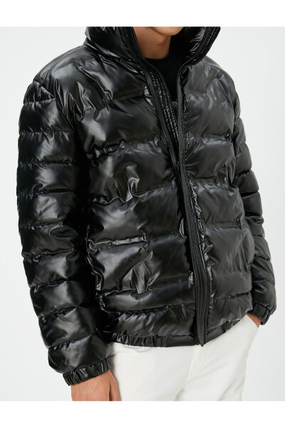 Puffer Jacket Leather Look Zip Up Stand Collar - 5