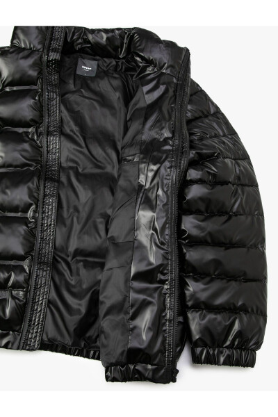 Puffer Jacket Leather Look Zip Up Stand Collar - 6