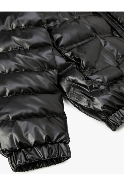 Puffer Jacket Leather Look Zip Up Stand Collar - 7