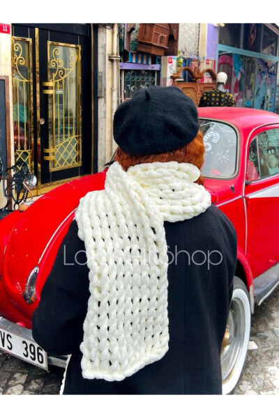 Puffy Cream Cable Knit Scarf, Thermal Plush Scarf - 8