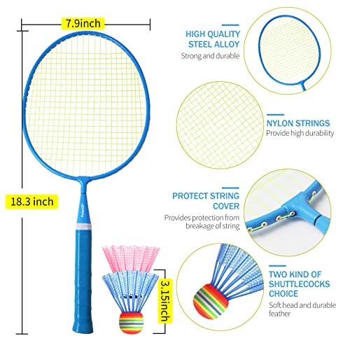 PULEEBO Badminton Racket for Kids - Outdoor Racquet Sports Toys for Children with shuttlecocks, Beach Lawn Yard Badminton Set Game for Kids and Adults,Backyard Outside Sport Game - 4