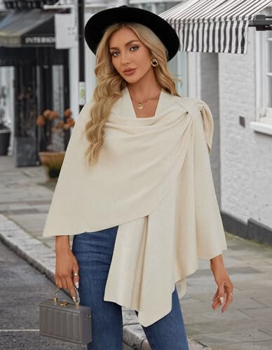 PULI Womens Large Cross Front Poncho Sweater Wrap Topper Knitted Elegant Shawls Cape for Fall Winter - 5