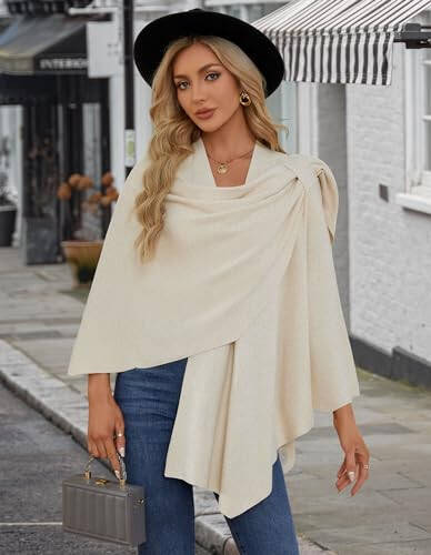 PULI Womens Large Cross Front Poncho Sweater Wrap Topper Knitted Elegant Shawls Cape for Fall Winter - 5