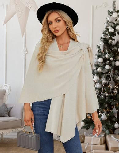 PULI Womens Large Cross Front Poncho Sweater Wrap Topper Knitted Elegant Shawls Cape for Fall Winter - 6