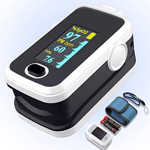 Pulse Oximeter Fingertip with Plethysmograph and Perfusion Index, Portable Blood Oxygen Saturation Monitor for Heart Rate and SpO2 Level, O2 Monitor Finger for Oxygen, Pulse Ox, Oximetro, (Black-White) - 20