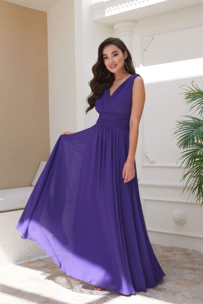 Purple Chiffon V-Neck Long Evening Dress - 6