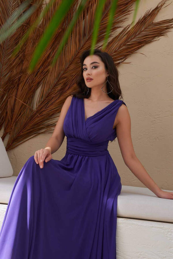 Purple Chiffon V-Neck Long Evening Dress - 7