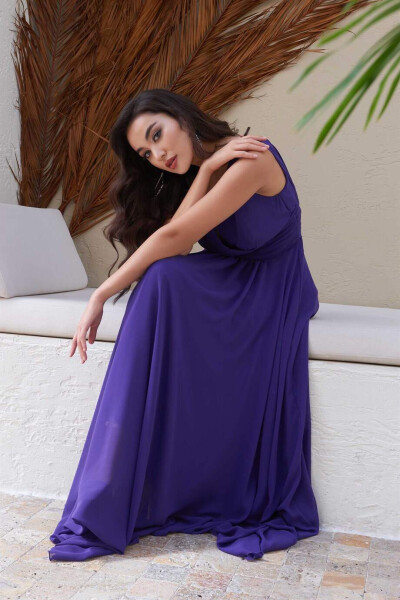 Purple Chiffon V-Neck Long Evening Dress - 9