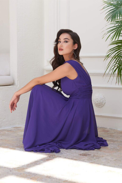 Purple Chiffon V-Neck Long Evening Dress - 10