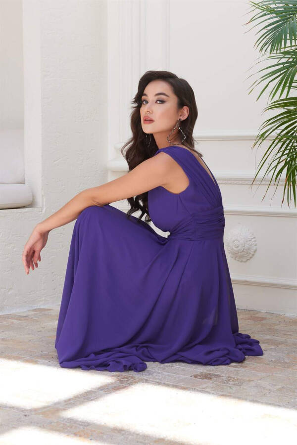 Purple Chiffon V-Neck Long Evening Dress - 10