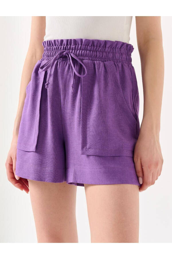 Purple High Waist Elastic and Tie-Up Linen Shorts - 14