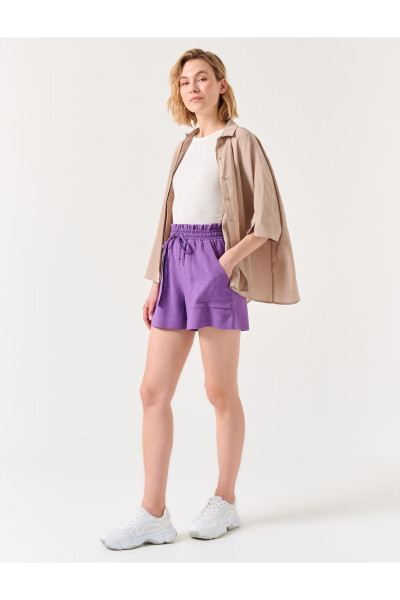 Purple High Waist Elastic and Tie-Up Linen Shorts - 23