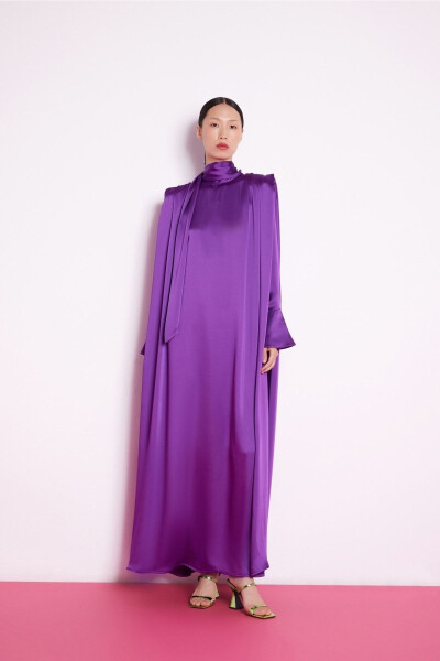 Purple Satin Dress with Cuffed Sleeves - 1