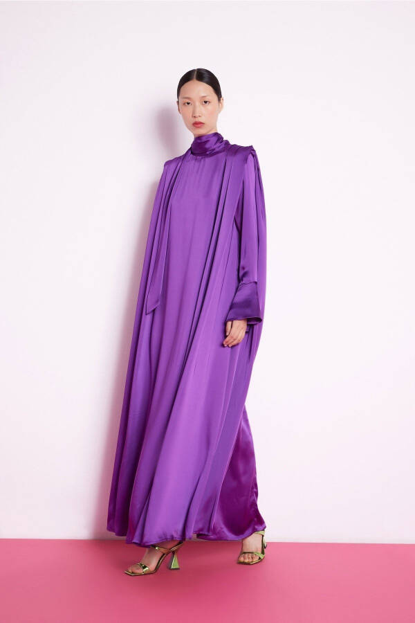 Purple Satin Dress with Cuffed Sleeves - 2