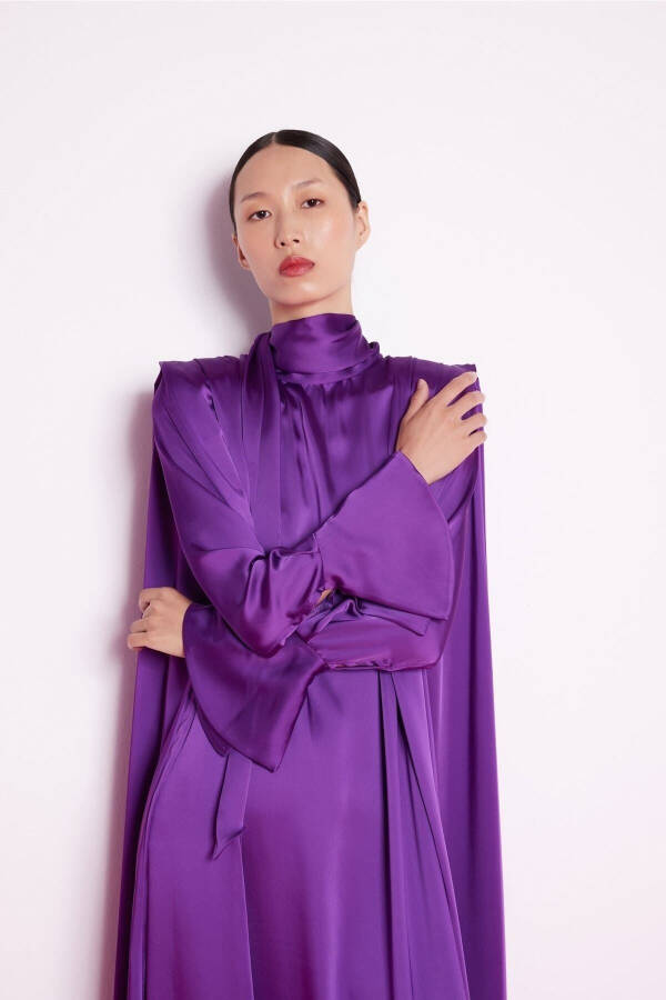 Purple Satin Dress with Cuffed Sleeves - 3