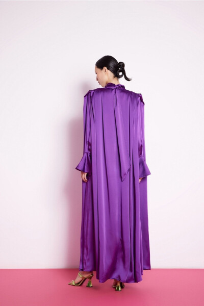 Purple Satin Dress with Cuffed Sleeves - 4