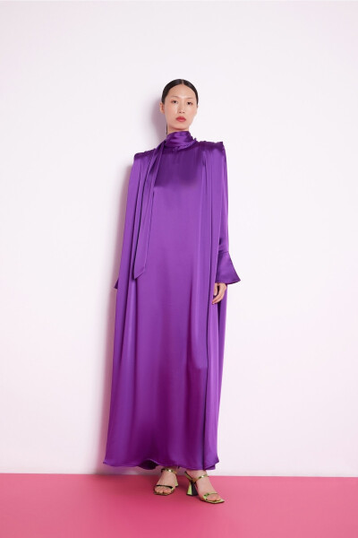 Purple Satin Dress with Cuffed Sleeves - 5