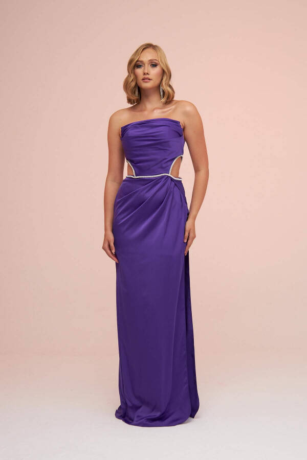 Purple Satin Strapless Side Slit Long Evening Dress - 1