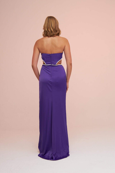 Purple Satin Strapless Side Slit Long Evening Dress - 4