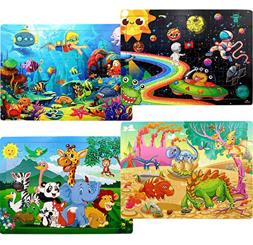 Puzzles for Kids Ages 4-8, 4 Pack Wooden Jigsaw Puzzles 60 Pieces Animal Dinosaur Puzzle Preschool Educational Learning Toys Set for Boys and Girls - 1