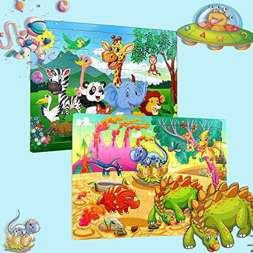 Puzzles for Kids Ages 4-8, 4 Pack Wooden Jigsaw Puzzles 60 Pieces Animal Dinosaur Puzzle Preschool Educational Learning Toys Set for Boys and Girls - 3