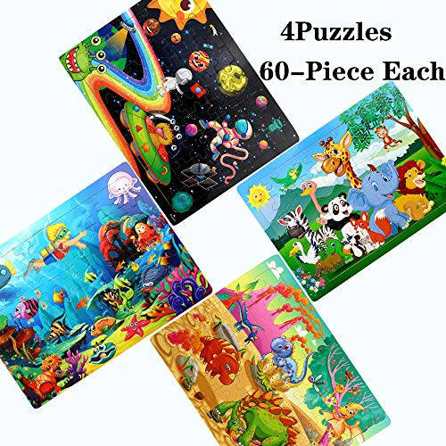 Puzzles for Kids Ages 4-8, 4 Pack Wooden Jigsaw Puzzles 60 Pieces Animal Dinosaur Puzzle Preschool Educational Learning Toys Set for Boys and Girls - 6