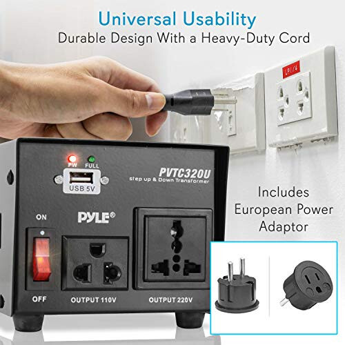 Pyle Step Up and Down Dönüştürücü - 500 Watt Voltaj Dönüştürücü Transformatör USB Şarj Portu, İngiltere Priz Adaptörü, AC 110 / 120 ila 220 / 240 Volt Tersine, 110V/120V/220V/240V Giriş Voltajı - 5