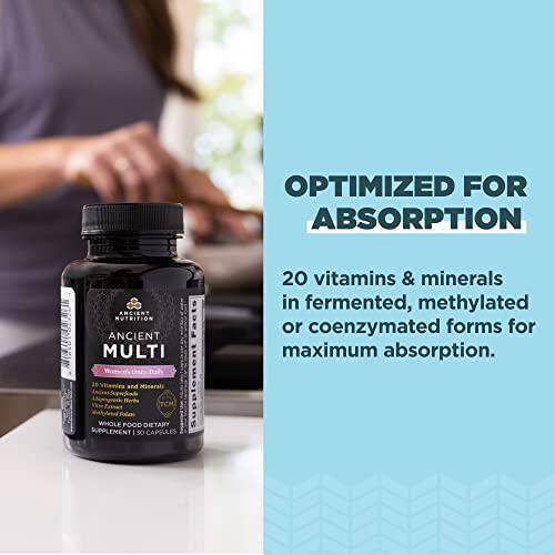 Qadimgi Oziq-ovqat tomonidan ayollar uchun Multivitamin, Qadimgi Multi ayollar uchun kunlik bitta vitamin qo'shimchasi, B vitamini, C vitamini va K2 vitamini, folat va temir qo'shimchasi, suyak va qon salomatligini qo'llab-quvvatlaydi, 30 dona - 4