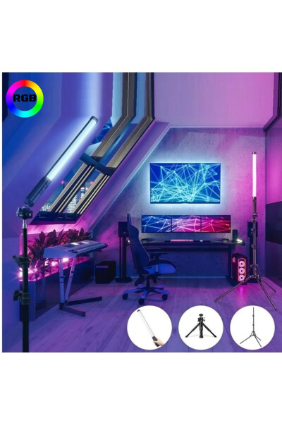 Qayta zaryadlanadigan 1 dona Fotografiya yorug'lik chizig'i Rgb yoritilishi Led jonli video tasvirga olish yorug'ligi 2+1 metrli tripod - 5