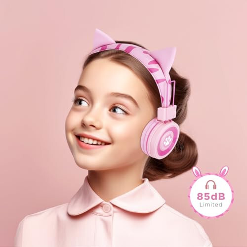 QearFun Cat Headphones for Girls Kids for School, Kids Bluetooth Headphones with Microphone & 3.5mm Jack, Teens Toddlers Wireless Headphones with Adjustable Headband for Tablet/PC/Smartphones-Pink - 2