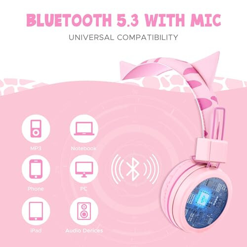 QearFun Cat Headphones for Girls Kids for School, Kids Bluetooth Headphones with Microphone & 3.5mm Jack, Teens Toddlers Wireless Headphones with Adjustable Headband for Tablet/PC/Smartphones-Pink - 3