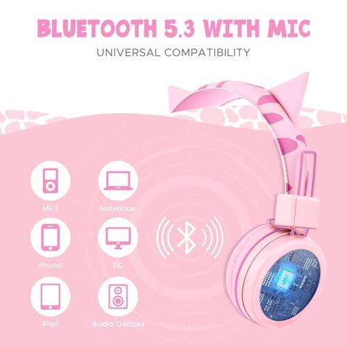 QearFun Cat Headphones for Girls Kids for School, Kids Bluetooth Headphones with Microphone & 3.5mm Jack, Teens Toddlers Wireless Headphones with Adjustable Headband for Tablet/PC/Smartphones-Pink - 3