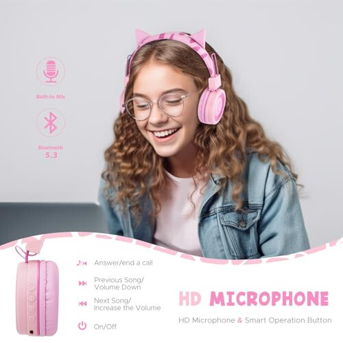 QearFun Cat Headphones for Girls Kids for School, Kids Bluetooth Headphones with Microphone & 3.5mm Jack, Teens Toddlers Wireless Headphones with Adjustable Headband for Tablet/PC/Smartphones-Pink - 4