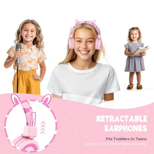 QearFun Cat Headphones for Girls Kids for School, Kids Bluetooth Headphones with Microphone & 3.5mm Jack, Teens Toddlers Wireless Headphones with Adjustable Headband for Tablet/PC/Smartphones-Pink - 6