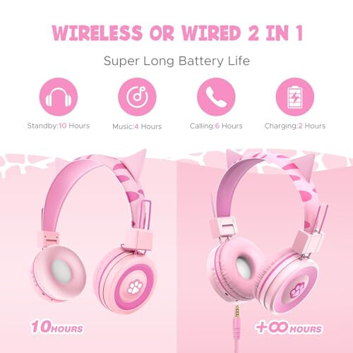 QearFun Cat Headphones for Girls Kids for School, Kids Bluetooth Headphones with Microphone & 3.5mm Jack, Teens Toddlers Wireless Headphones with Adjustable Headband for Tablet/PC/Smartphones-Pink - 7