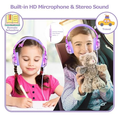 QearFun Headphones for Girls Kids for School, Kids Wired Headphones with Microphone & 3.5mm Jack, Teens Noise Cancelling Headphone with Adjustable Headband for Tablet/Smartphones-Gradient Light purple - 2