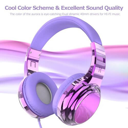 QearFun Headphones for Girls Kids for School, Kids Wired Headphones with Microphone & 3.5mm Jack, Teens Noise Cancelling Headphone with Adjustable Headband for Tablet/Smartphones-Gradient Light purple - 3