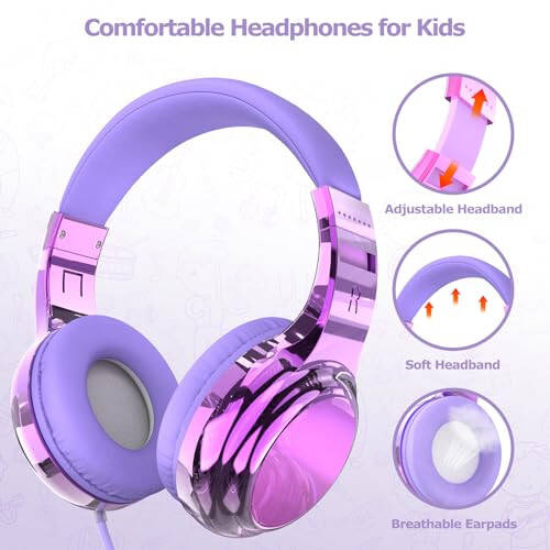 QearFun Headphones for Girls Kids for School, Kids Wired Headphones with Microphone & 3.5mm Jack, Teens Noise Cancelling Headphone with Adjustable Headband for Tablet/Smartphones-Gradient Light purple - 4