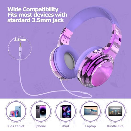 QearFun Headphones for Girls Kids for School, Kids Wired Headphones with Microphone & 3.5mm Jack, Teens Noise Cancelling Headphone with Adjustable Headband for Tablet/Smartphones-Gradient Light purple - 5