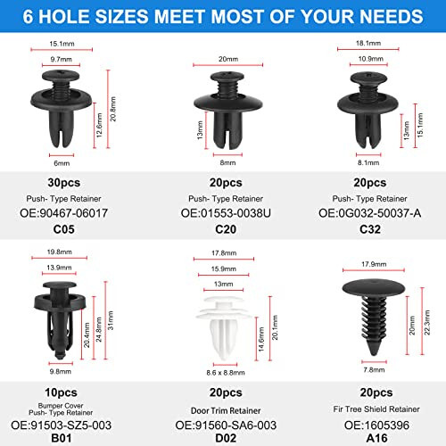 QIIYCCE-120 Adet Araba Klipsleri, Plastik Perçinler, 6 Popüler Boyutta Araba Gövde Sabitleme Klipsleri Tamponlar ve Çamurluk Yedek Parçaları Çoğu Modele Uygundur - 2