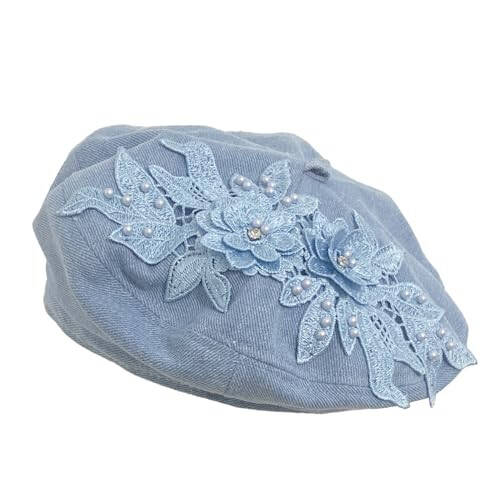 QUANNICE Women Flower Embroidery Beret Hat Denim Beret French Style Artist Beret Cap - 1