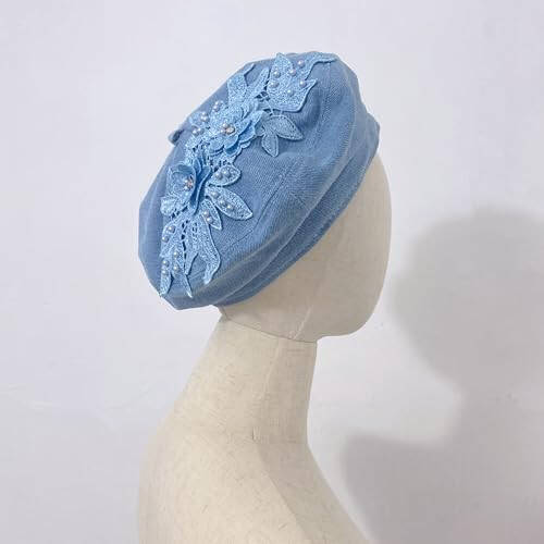 QUANNICE Women Flower Embroidery Beret Hat Denim Beret French Style Artist Beret Cap - 2