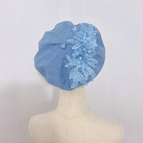 QUANNICE Women Flower Embroidery Beret Hat Denim Beret French Style Artist Beret Cap - 3