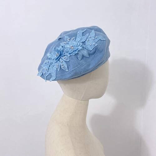 QUANNICE Women Flower Embroidery Beret Hat Denim Beret French Style Artist Beret Cap - 5