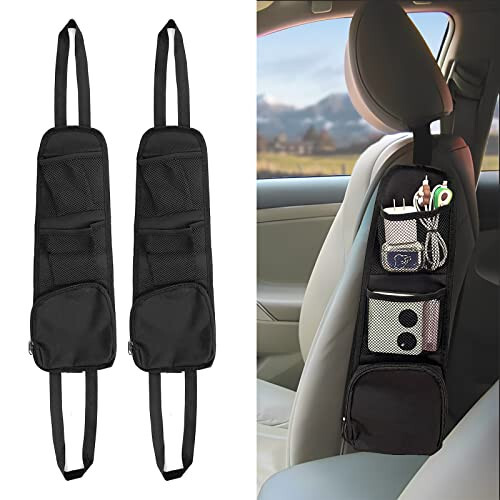 QUICTO 2PCS Car Seat Storage Hanging Bag, Multi-Pocket Seat Side Organizer, Multifunctional Mesh Net Pocket, Can Hold Mobile Phone, Wallet, Glasses, Suitable for Cars, SUVs, Trucks - 4