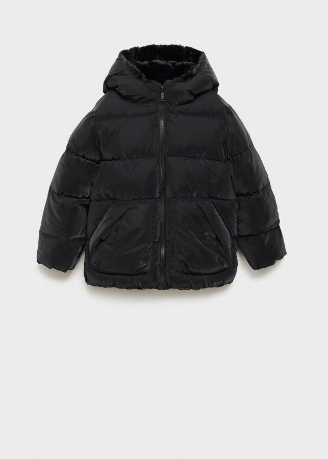 Quilted anorak with faux fur hood - Black - 5