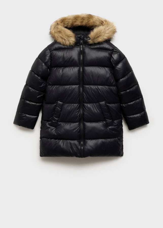 Quilted anorak with faux fur hood - Black - 8