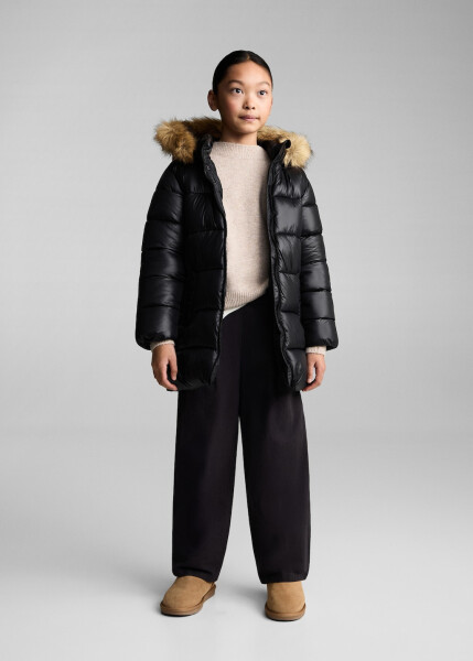 Quilted anorak with faux fur hood - Black - 12